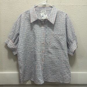 AnnieWear Grace Gingham Button Down Top in Sky Blue & Pink NEW M